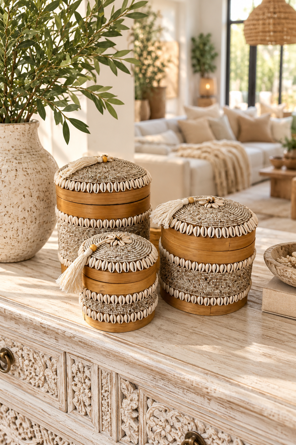 Boîte décorative ronde en bambou, perles et coquillages cauris