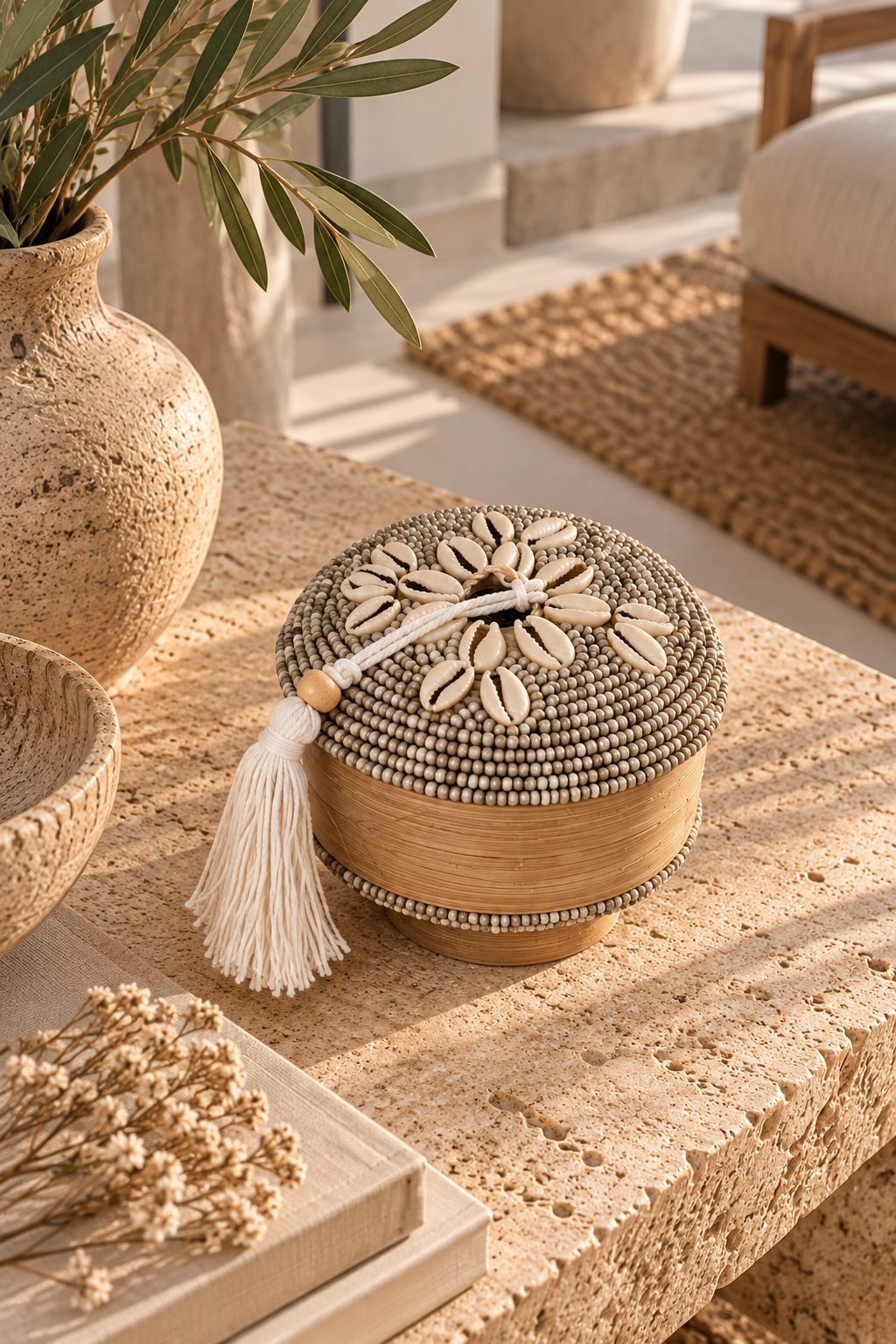 Mini boîte décorative en perles et coquillages cauris