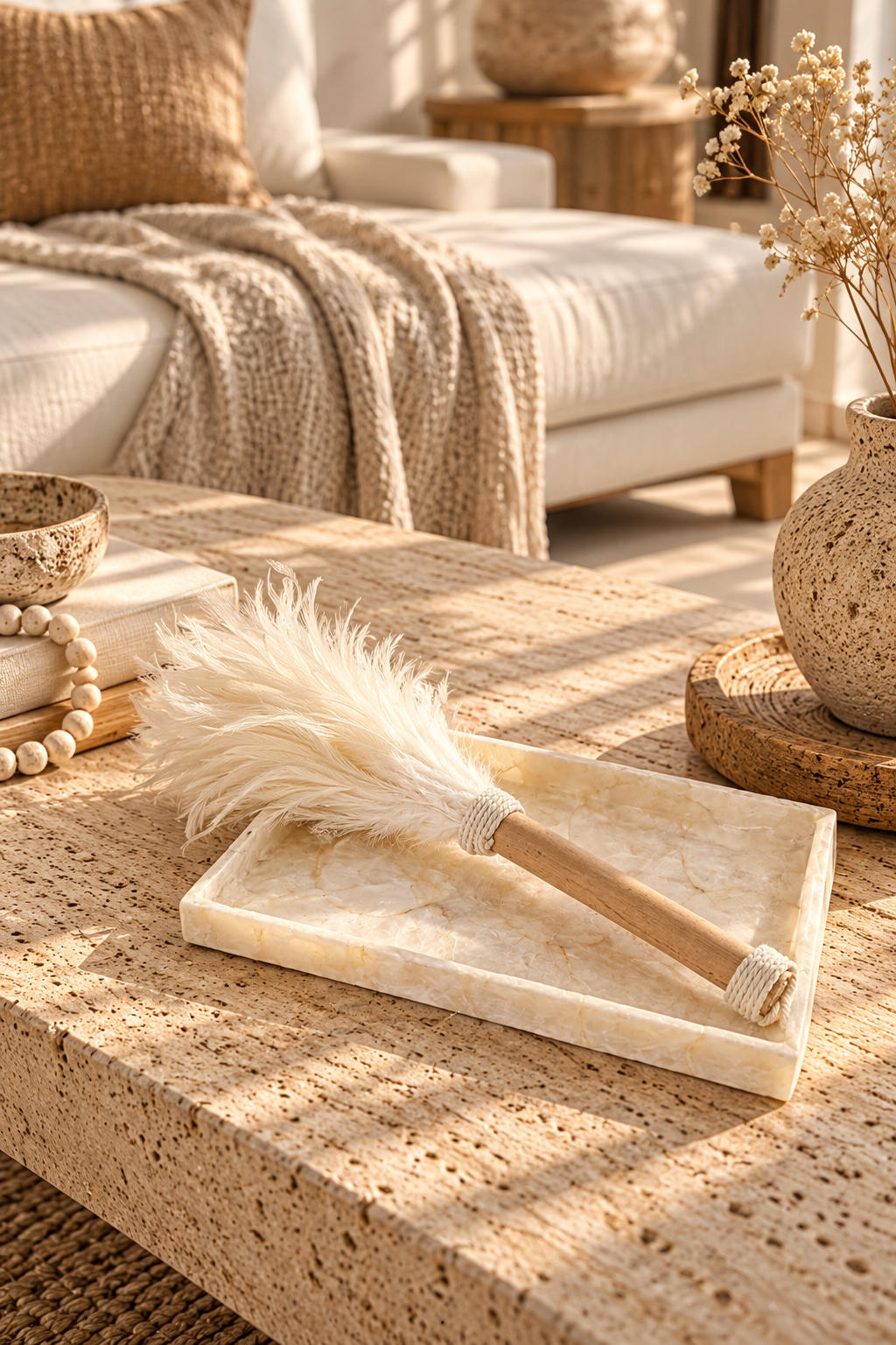 Plumeau décoratif en plumes naturelles et manche en bambou