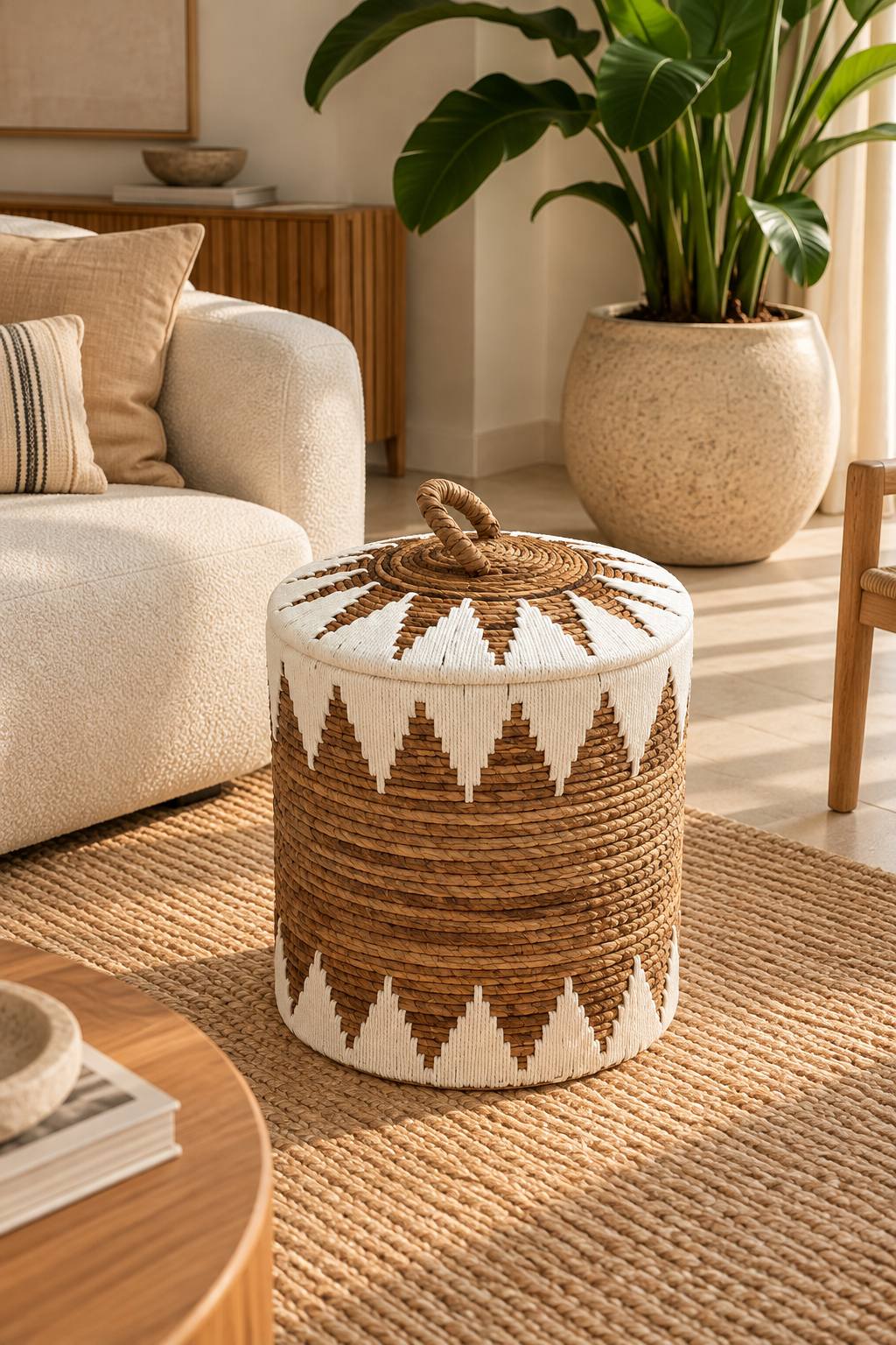 Paniers de rangement tressés avec couvercle, naturel et blanc