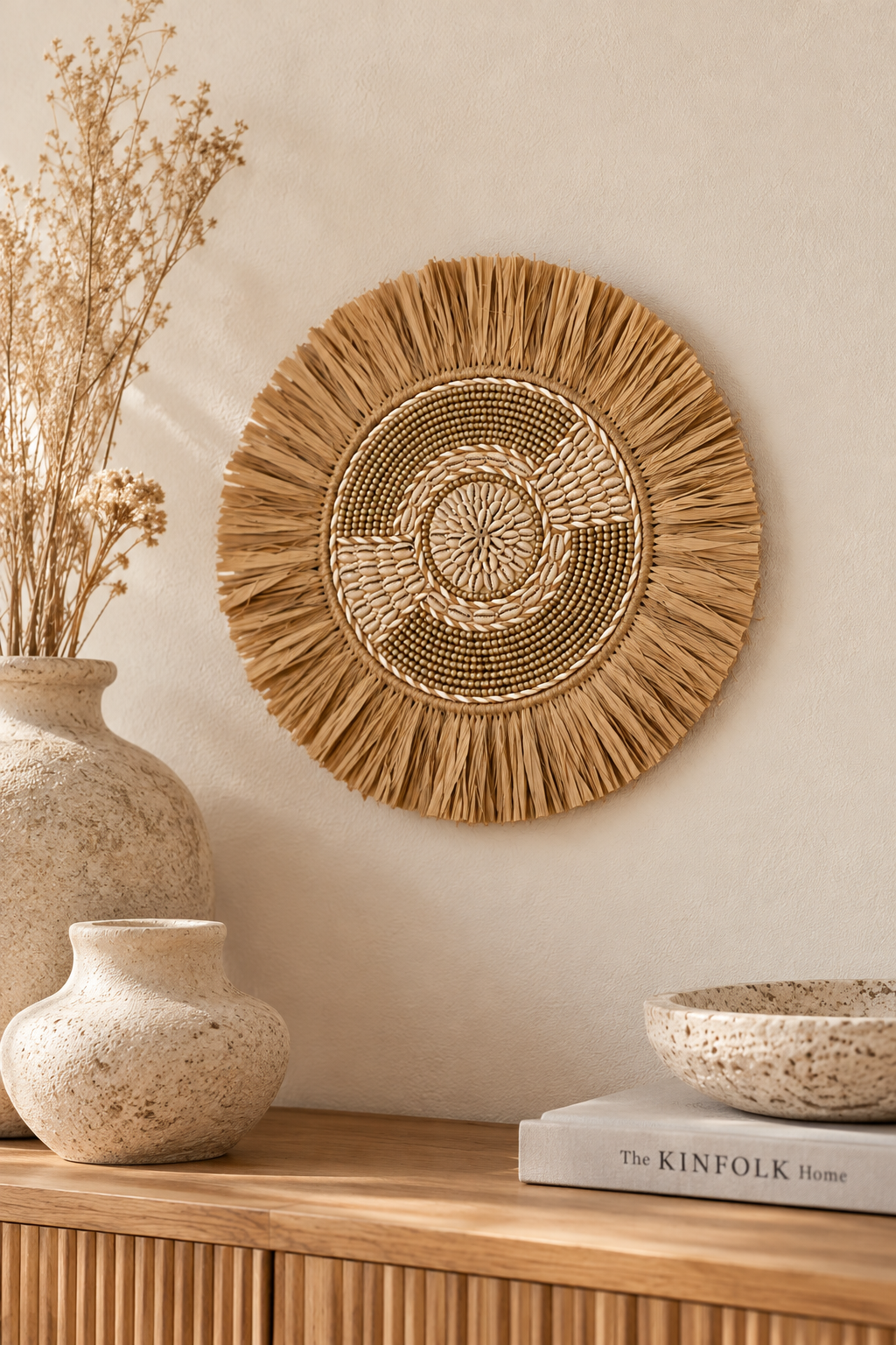 Décoration murale ronde en coquillages et fibres naturelles