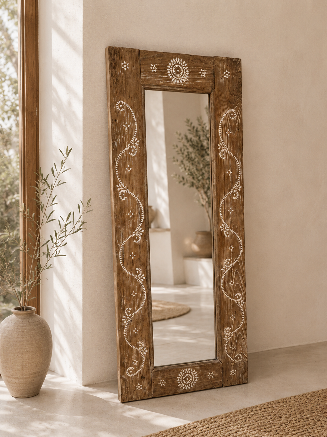 Miroir en teck avec incrustations en nacre