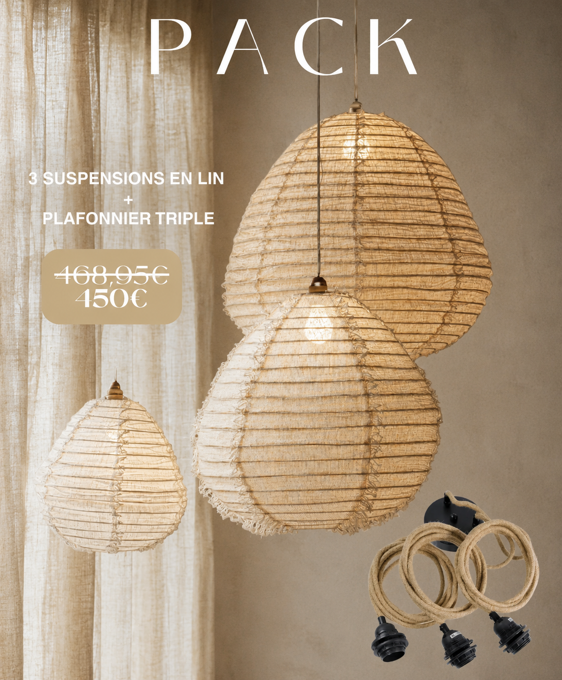 Pack complet | 3 Suspensions Wabi Sabi & Applique plafonnier multiple