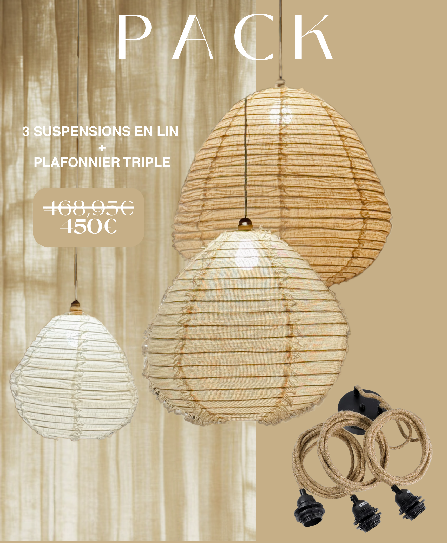 Pack complet | 3 Suspensions Wabi Sabi & Applique plafonnier multiple