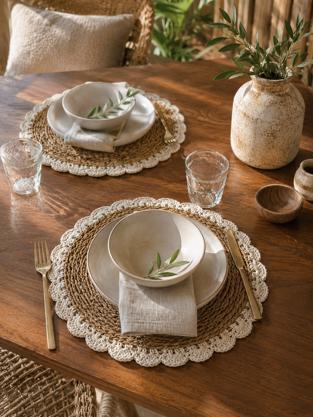 Set de table rond en jacinthe d'eau et macramé