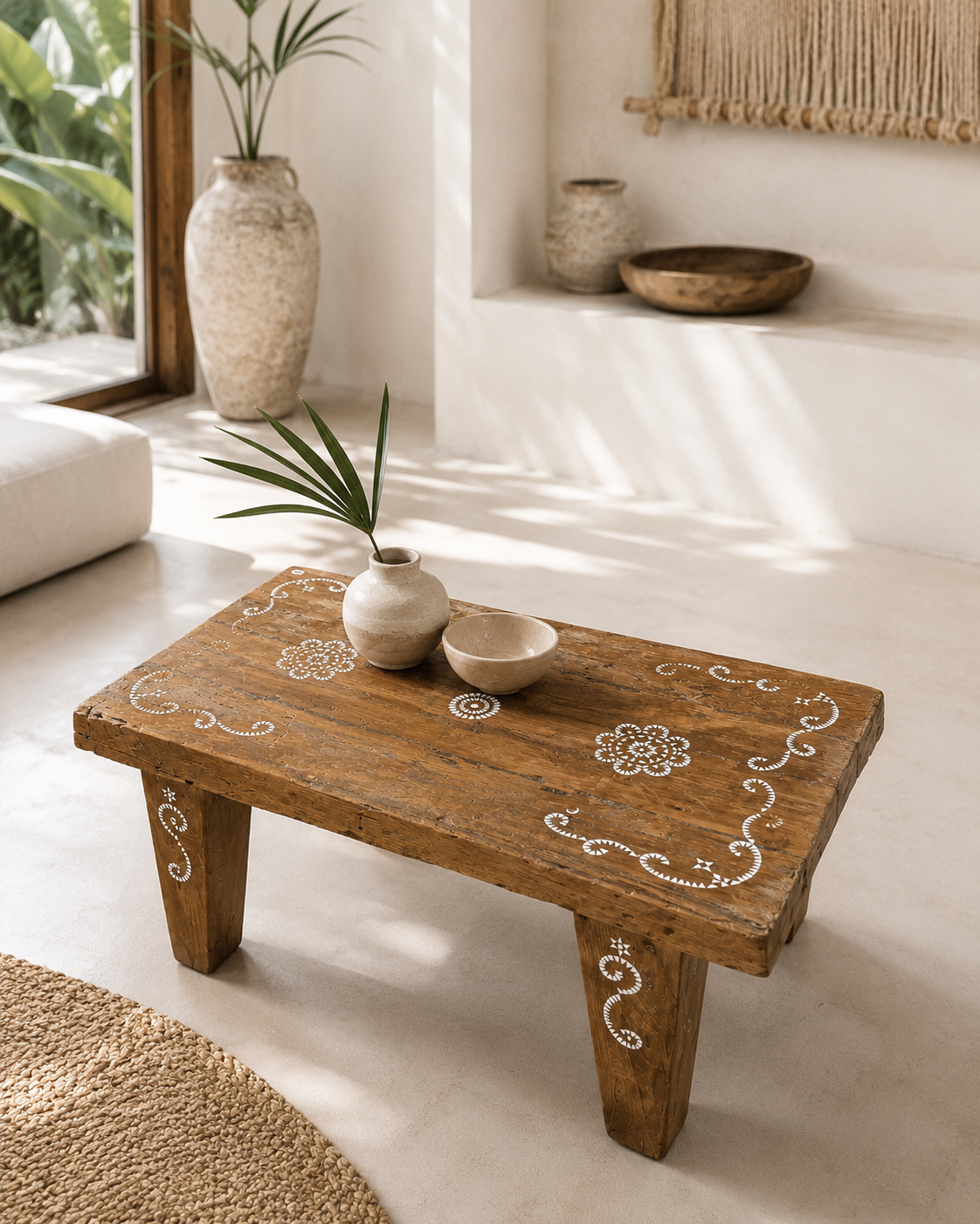 Table basse en teck avec incrustations en nacre