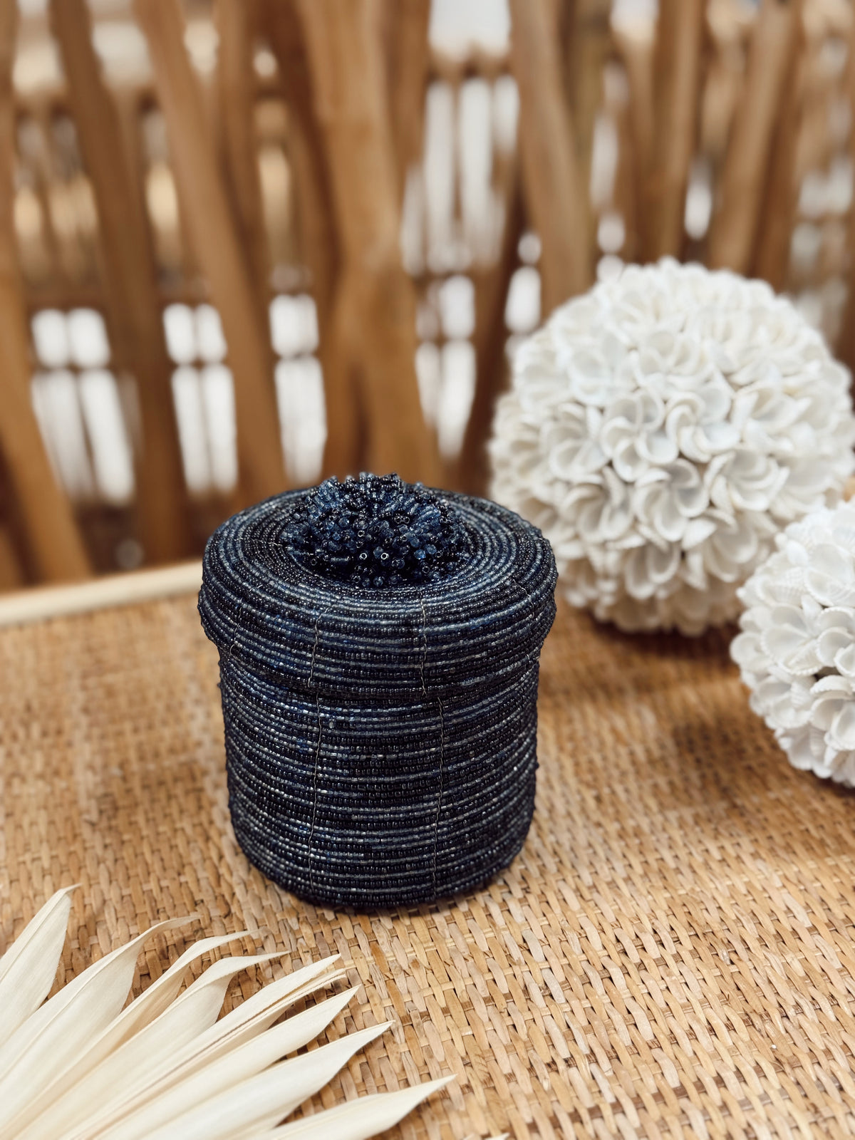 Boîtes rondes en perles I Bleu
