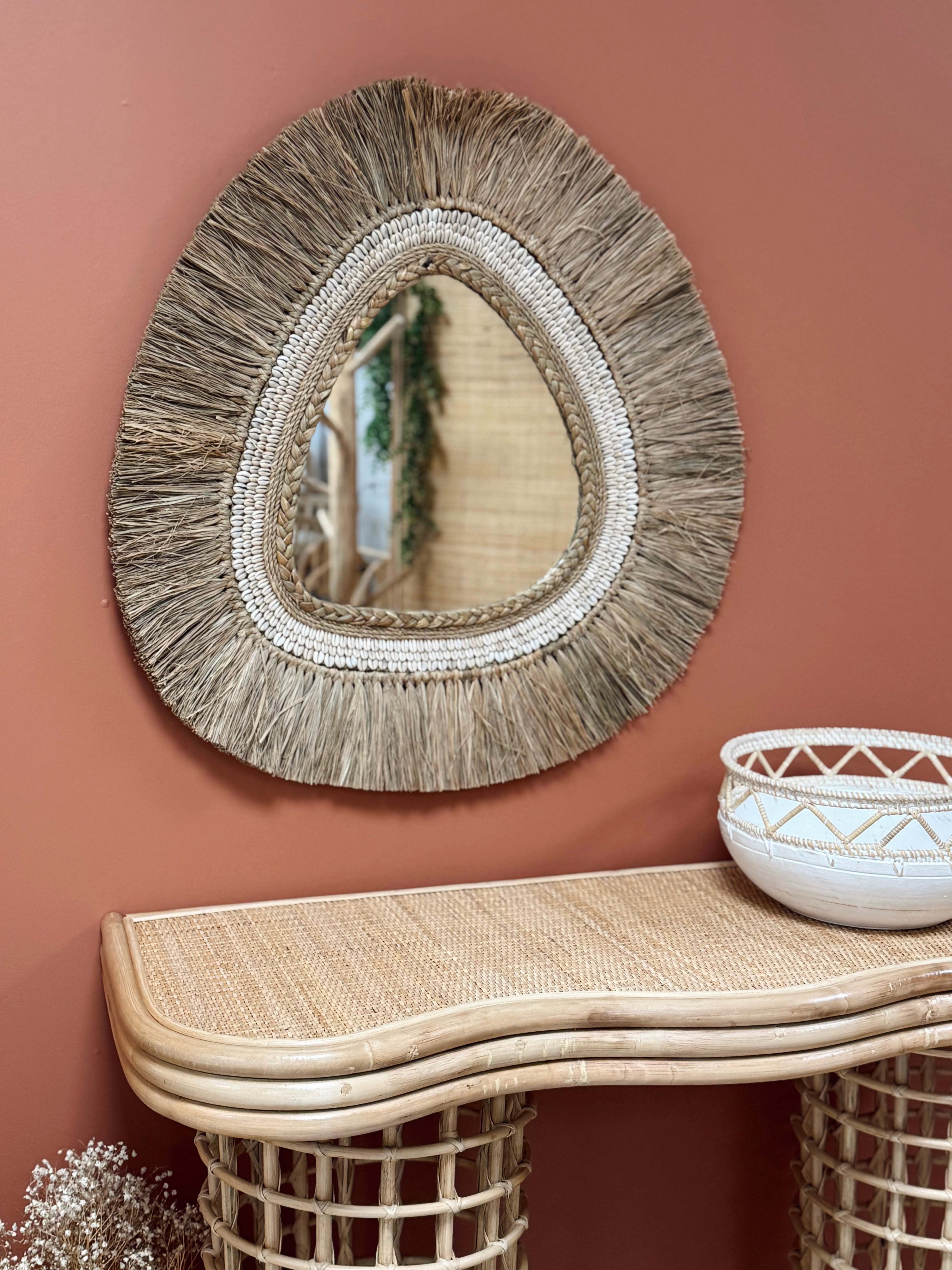 Miroir mural ovale en fibres naturelles