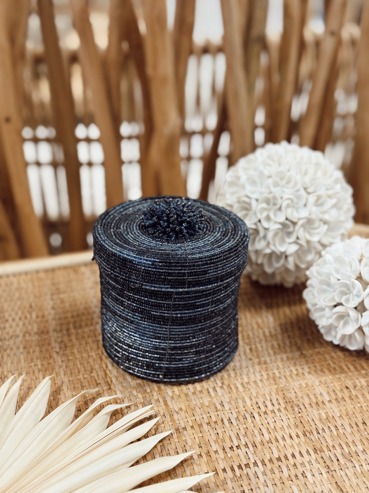 Boîtes rondes en perles I Bleu