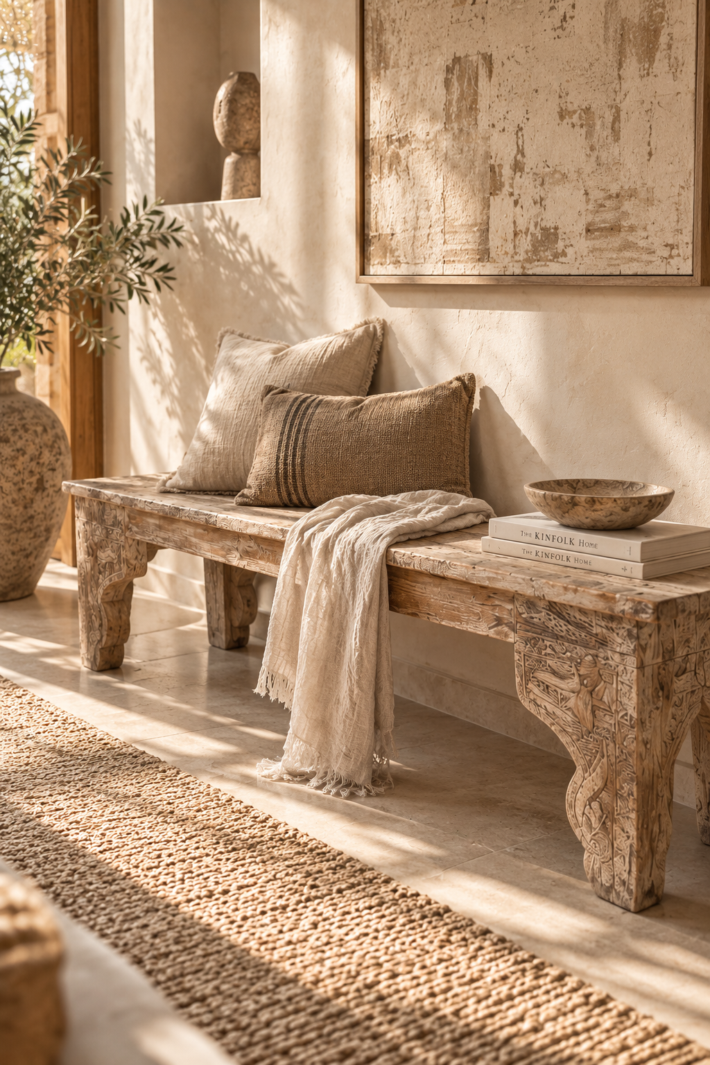 Banc indien sculpté en bois ancien