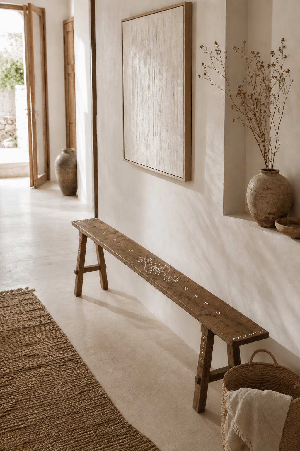 Banc en teck incrusté de nacre