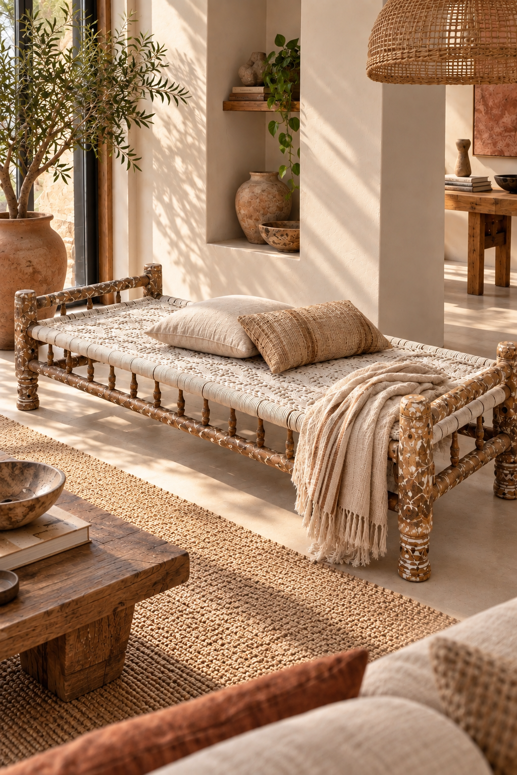 Banquette Charpoy indienne ancienne