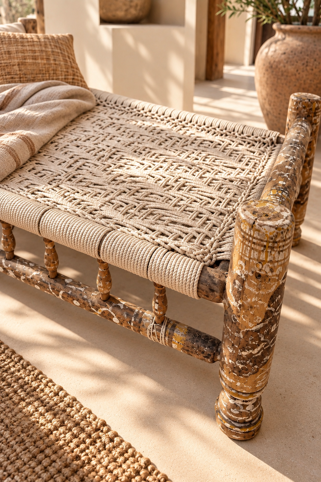 Banquette Charpoy indienne ancienne