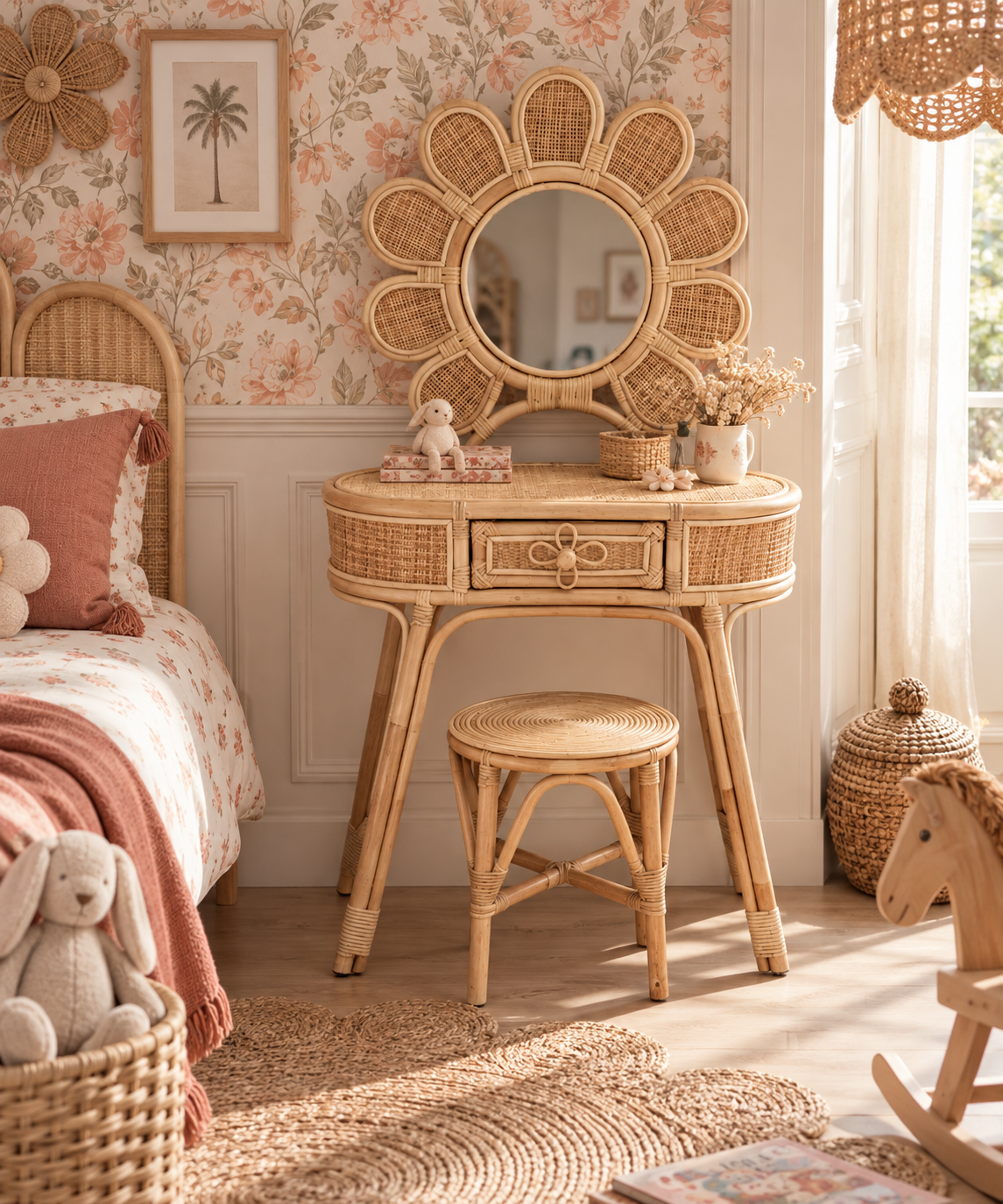 Précommande Ensemble coiffeuse et tabouret en rotin Luna