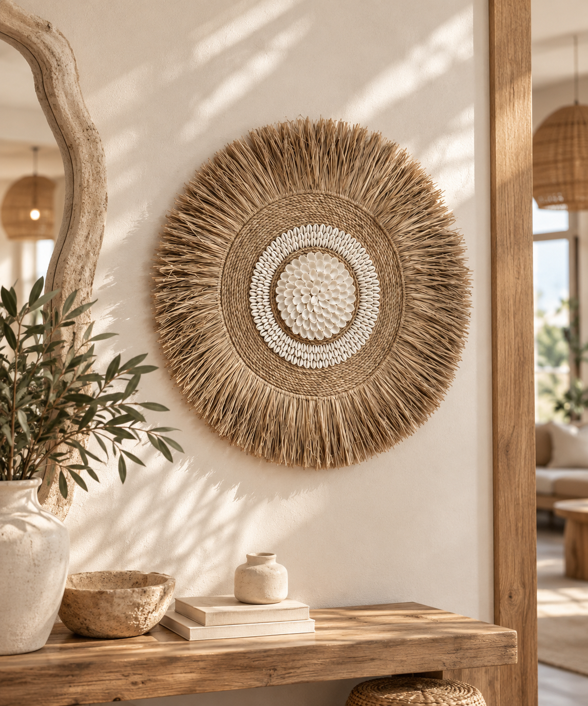 Décoration murale Soleil en fibres naturelles & coquillages