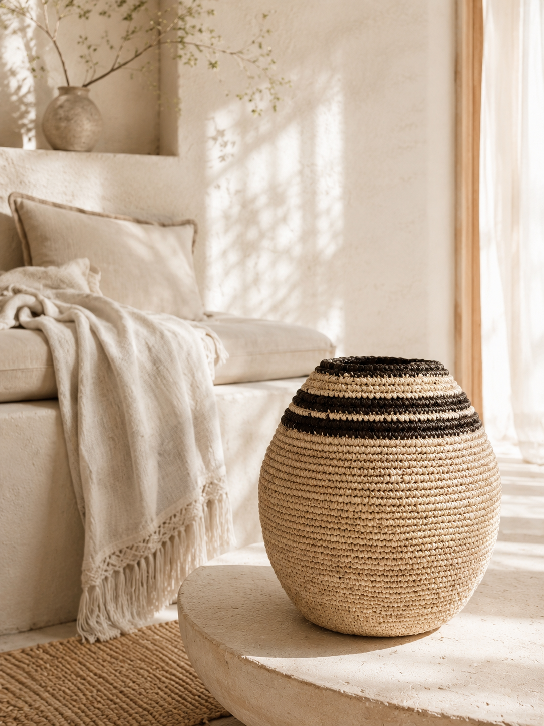 Vase en jonc de mer – Motif rayé chocolat