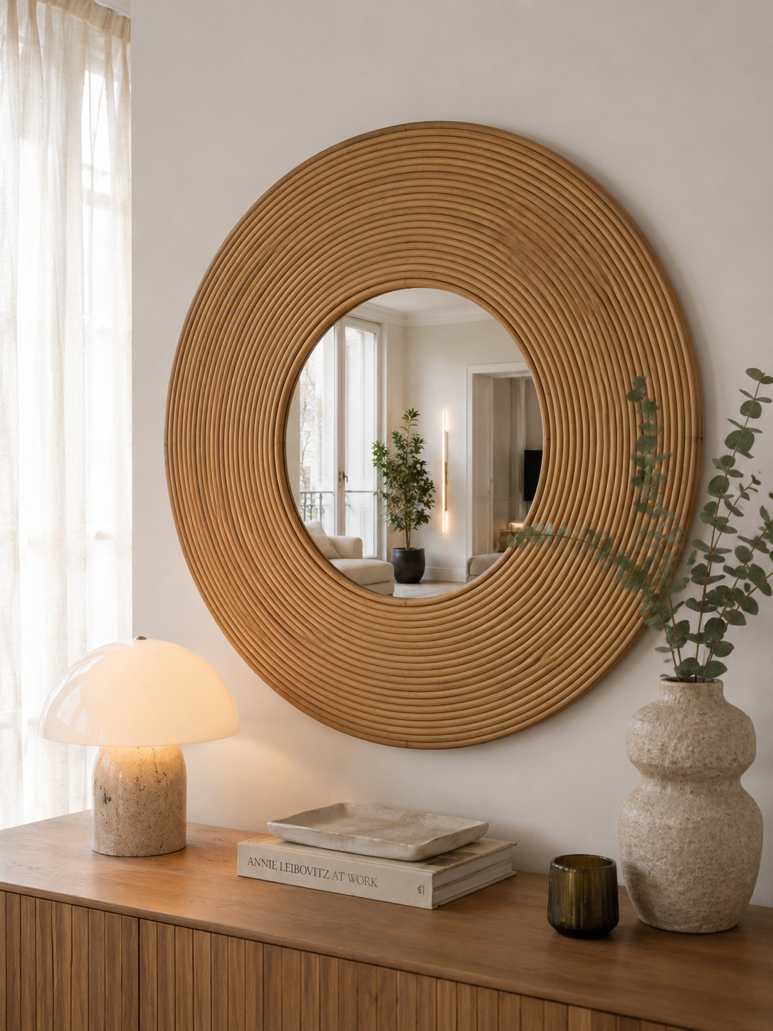 Miroir rond en rotin
