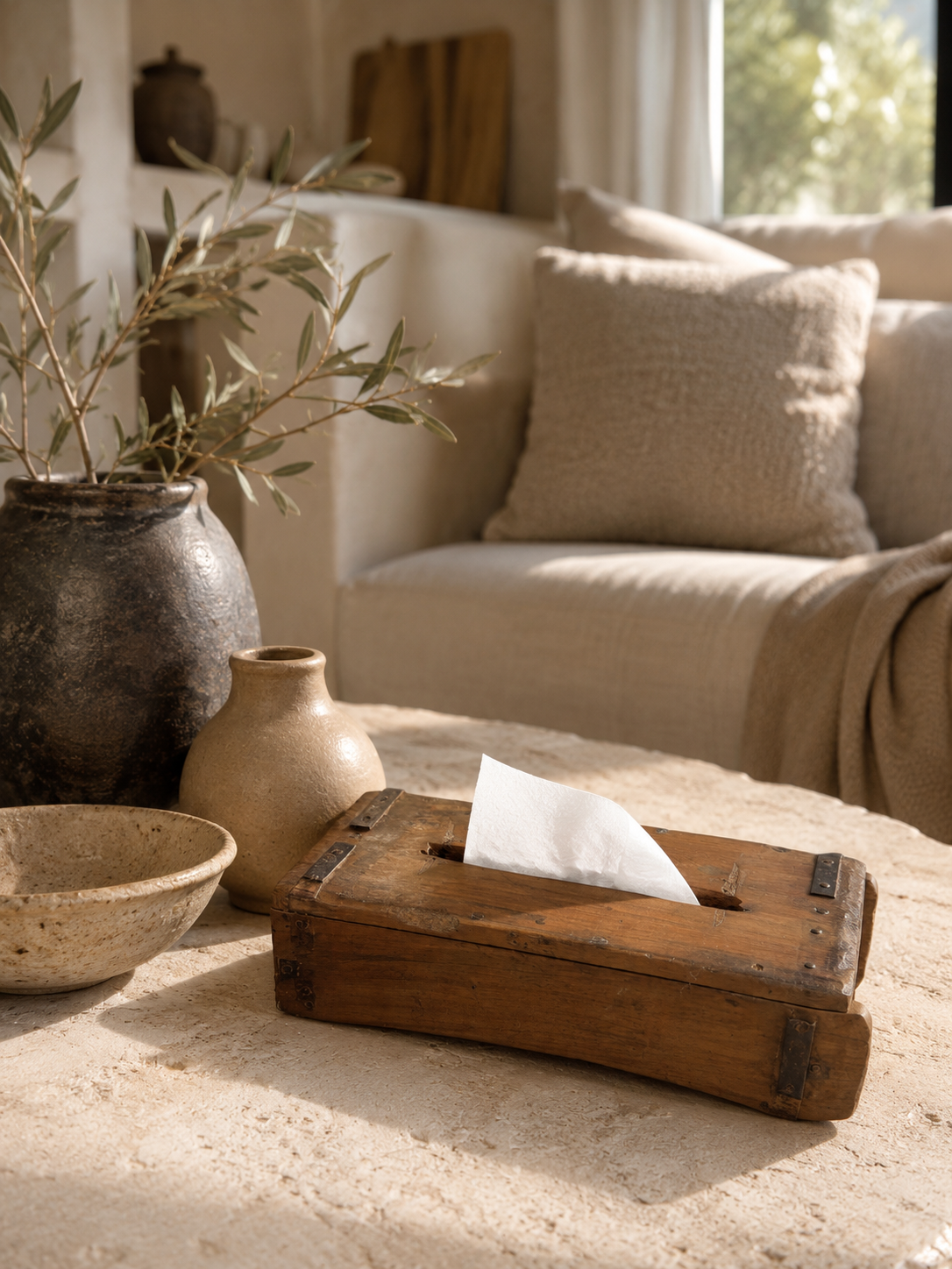 Boîte à mouchoirs en bois ancien