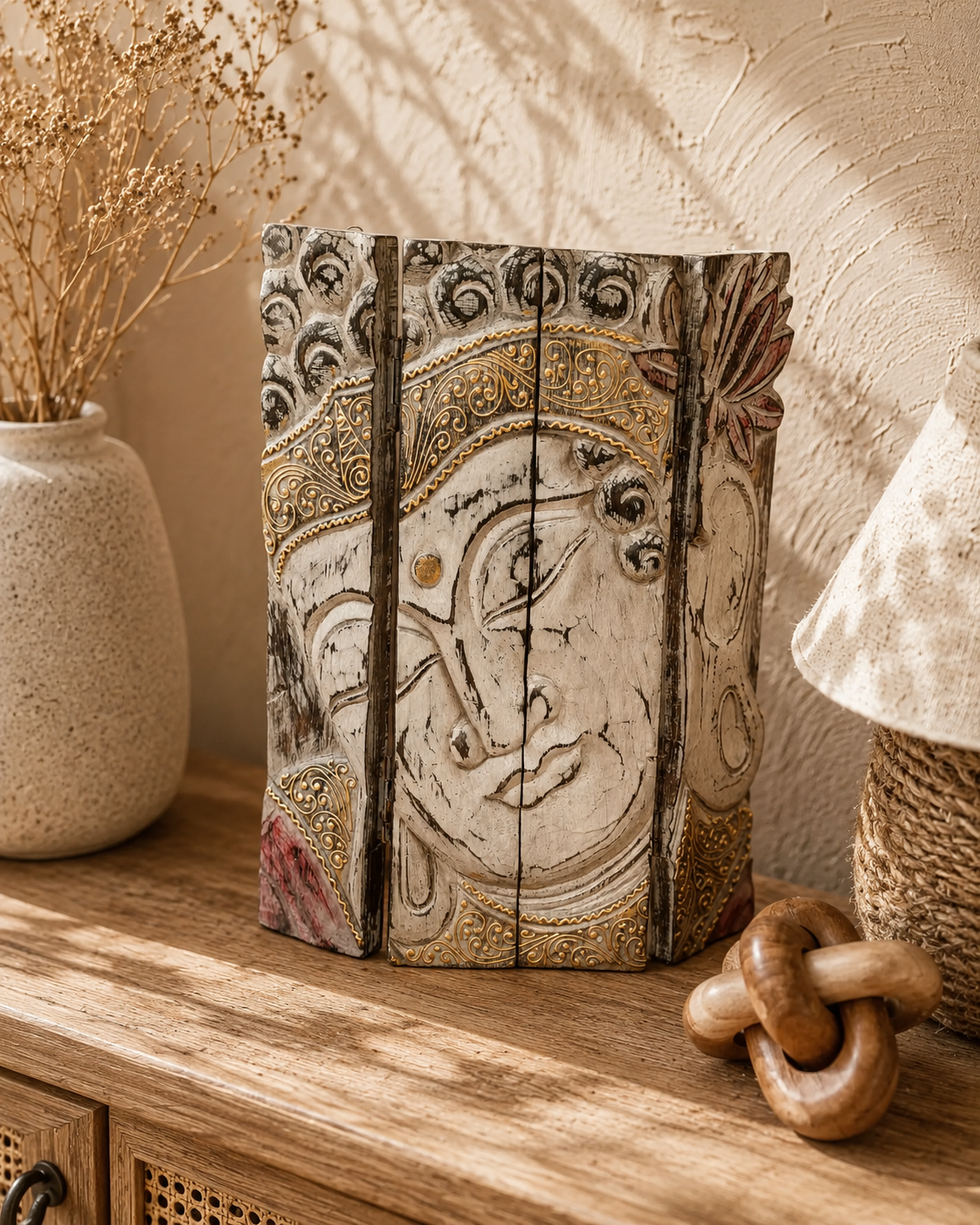 Panneau triptyque Rêve de Bouddha – Sculpture murale en bois peint