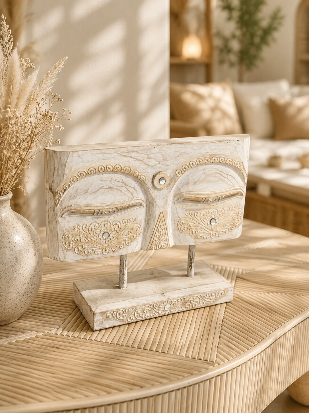Sculpture visage en bois blanchi