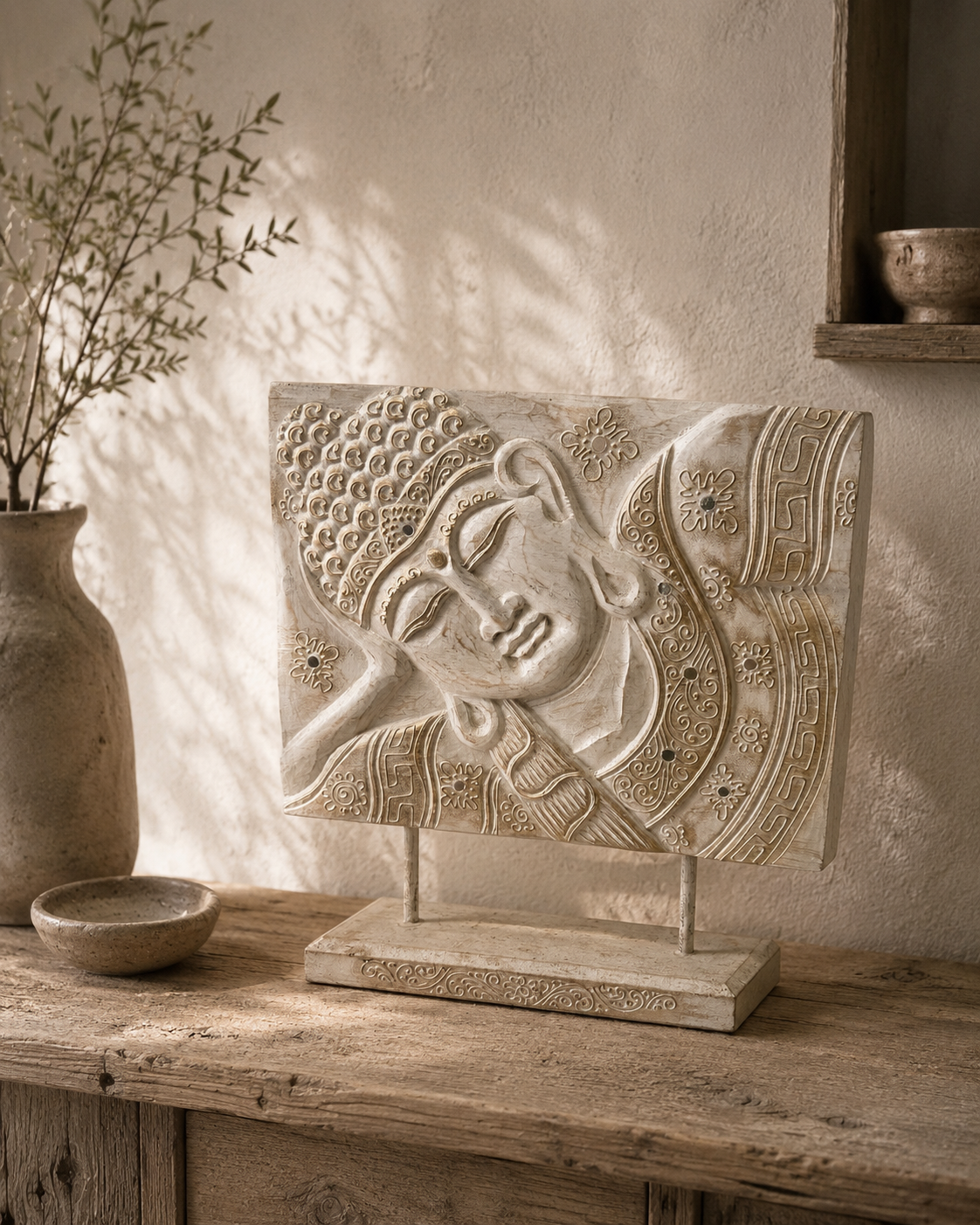 Sculpture Bouddha en bois sur socle