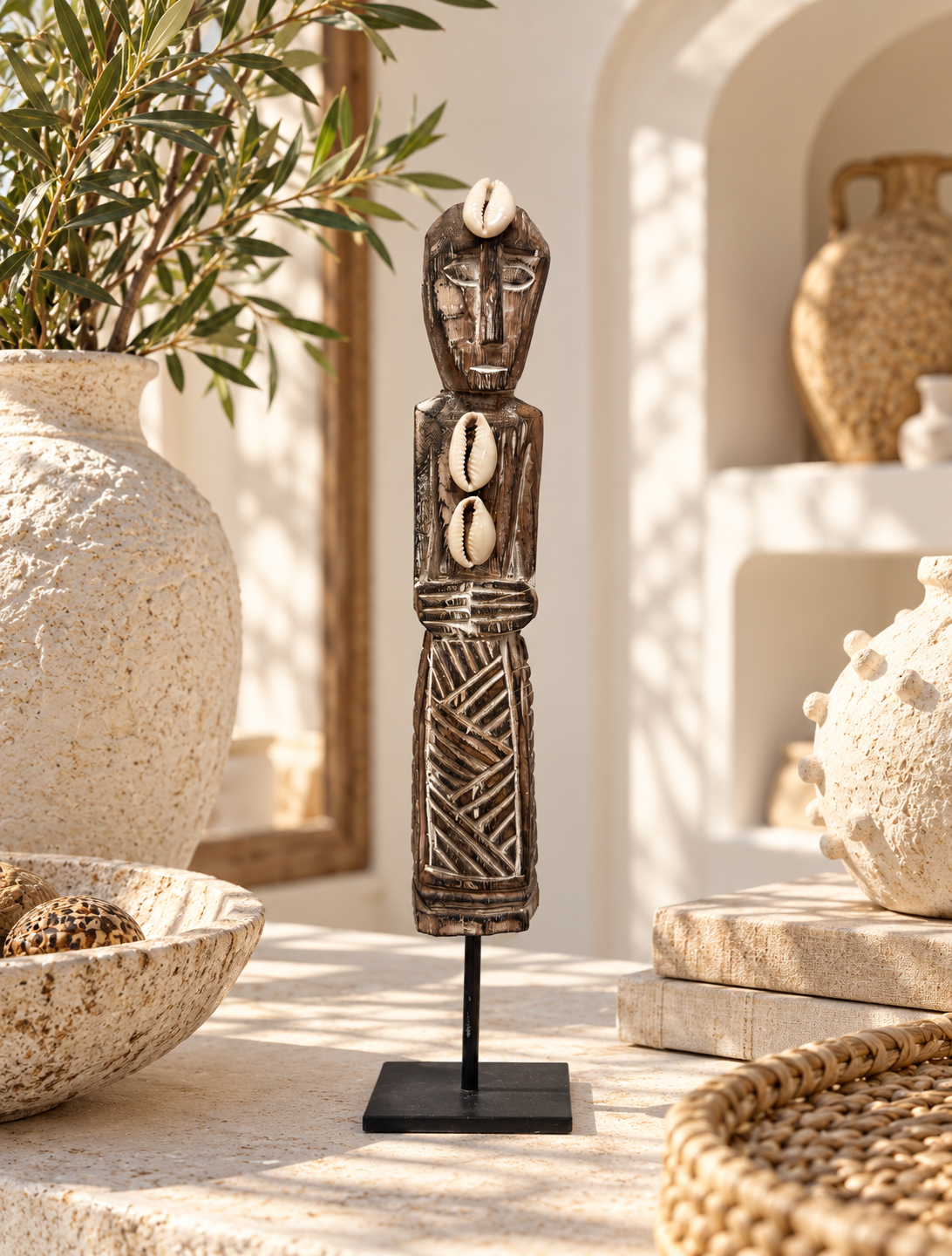 Statuette en bois sculpté & cauris sur socle