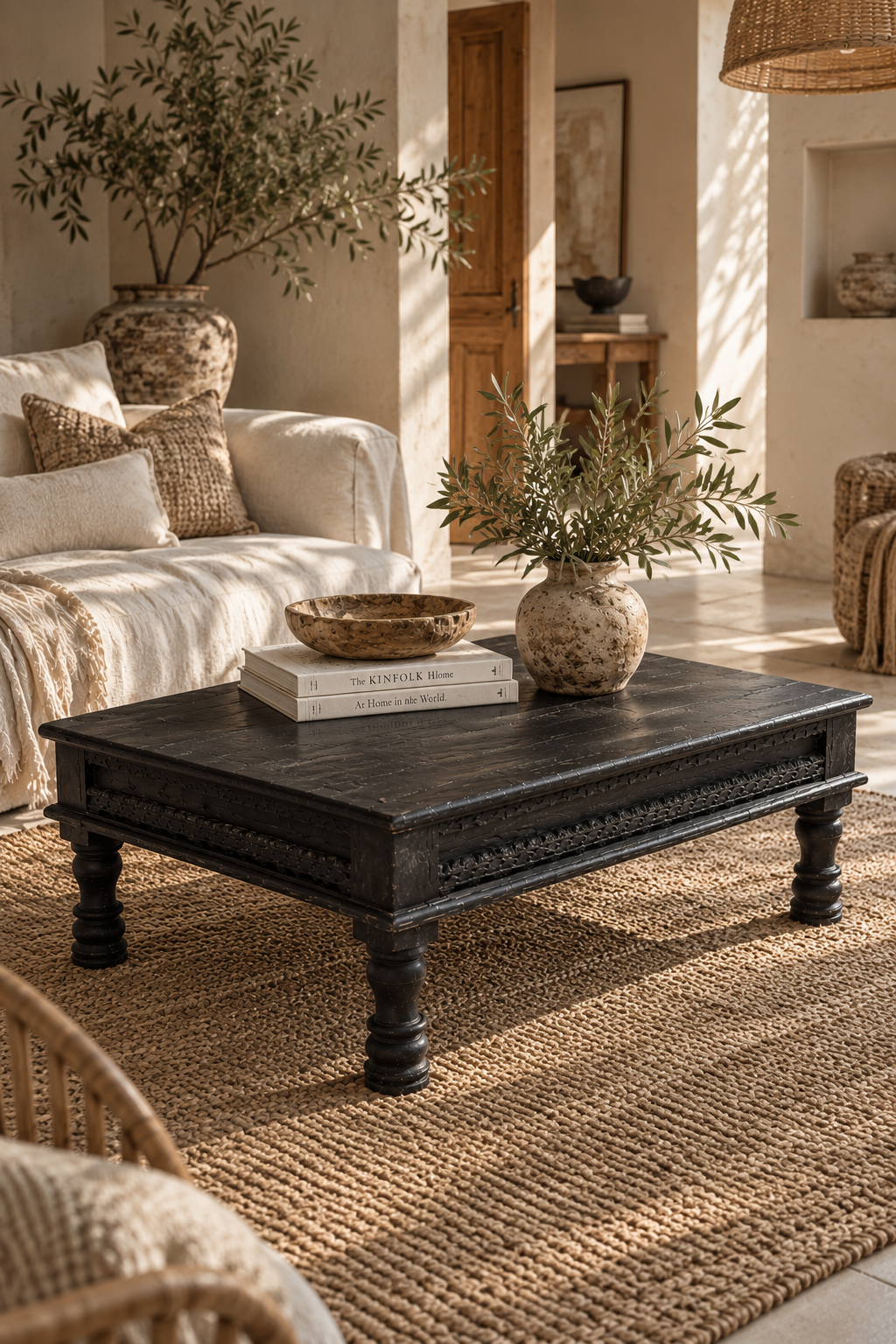 Table basse indienne en bois noir sculpté