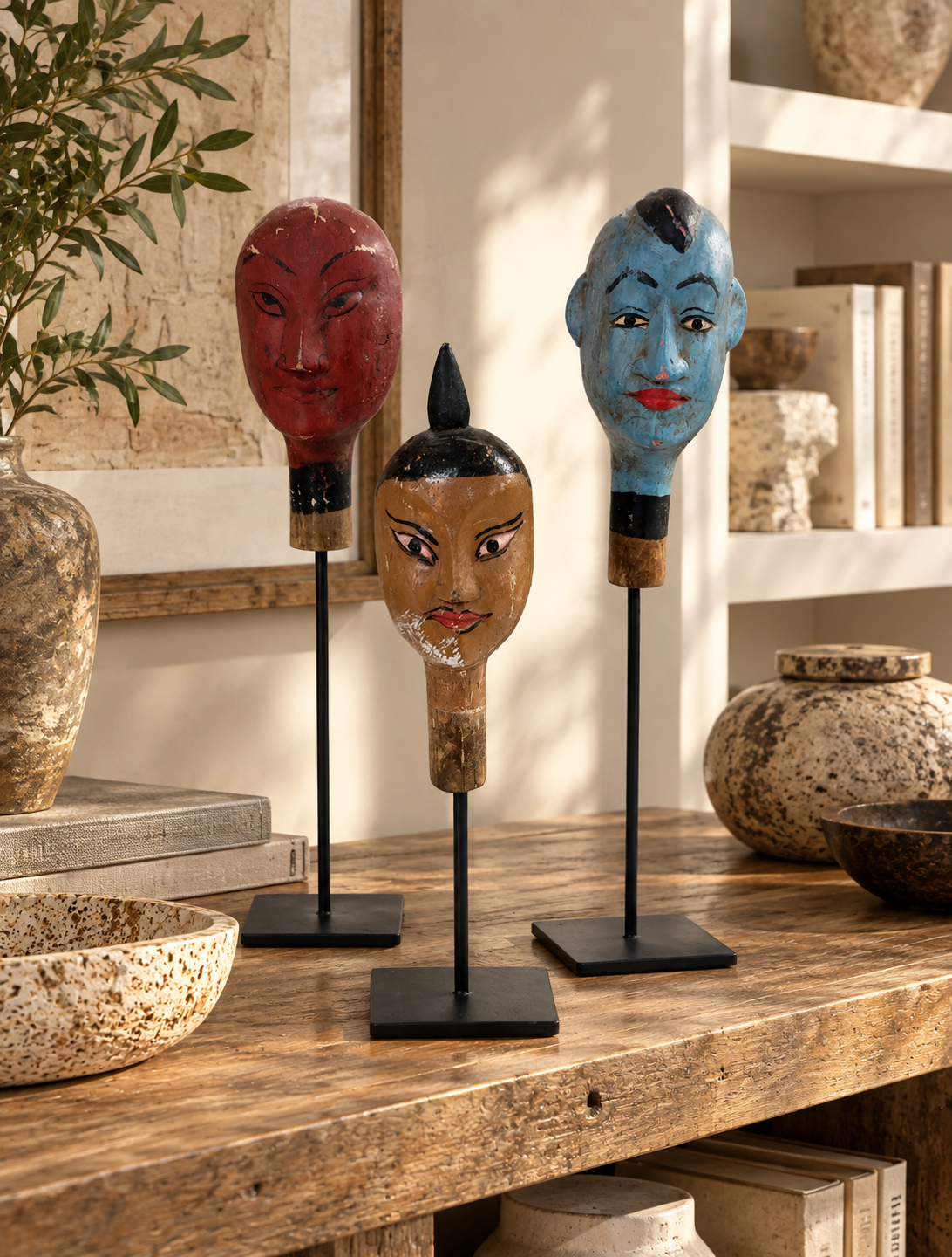 Tête ancienne en bois peint sur socle