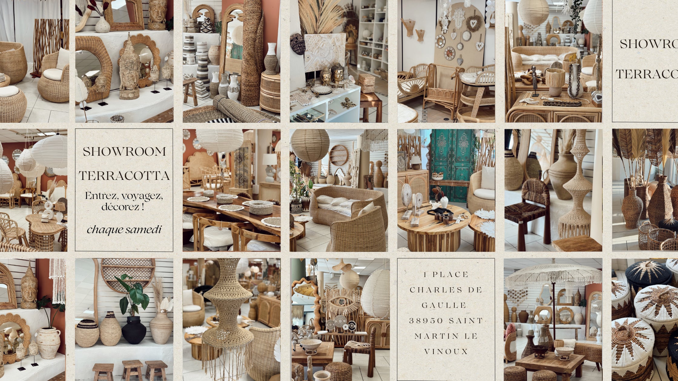 Photos intérieures du showroom Terracotta à Saint-Martin-le-Vinoux, mobilier en rotin